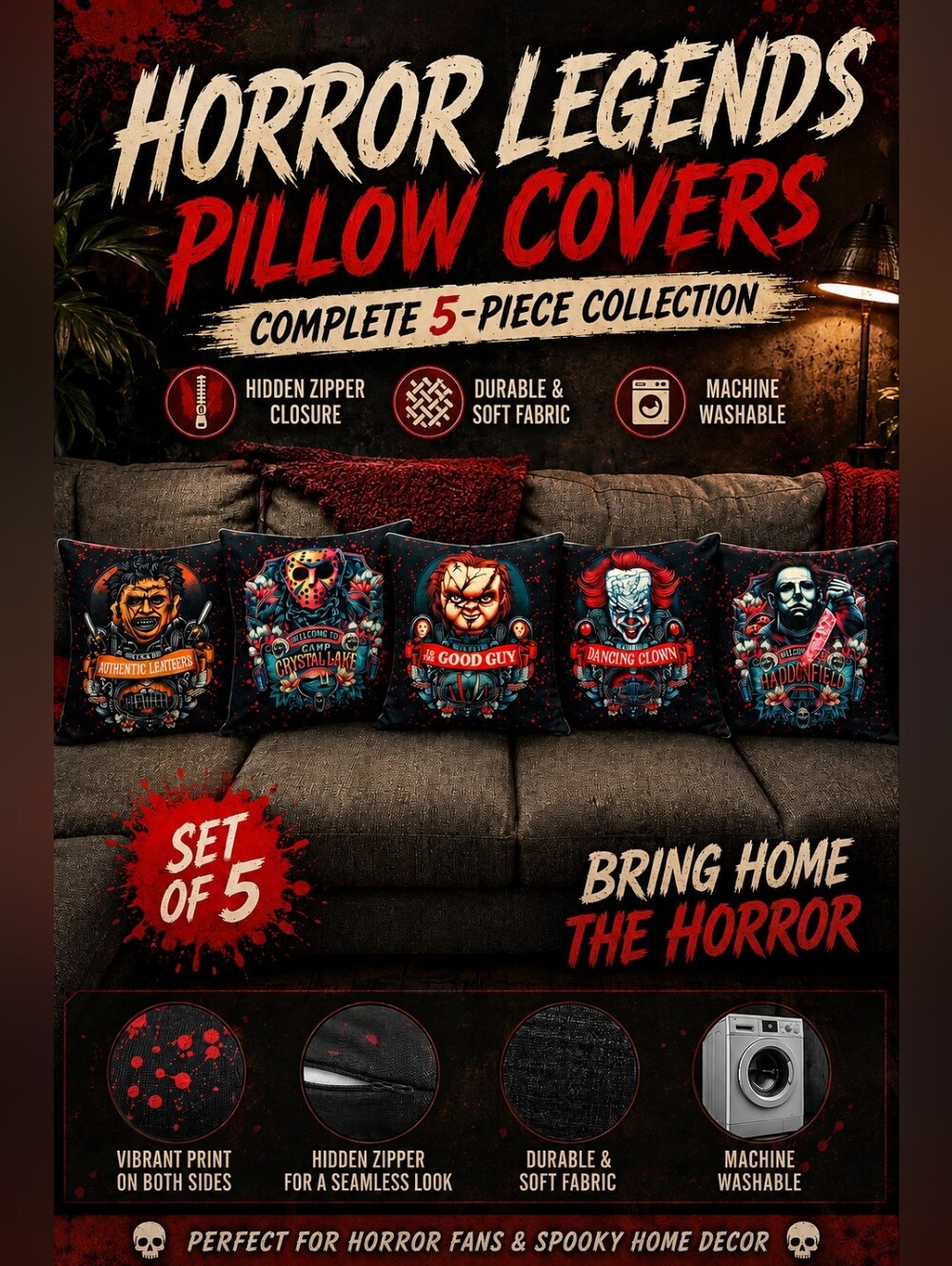 Horror Movie Pillow Covers – Michael Myers, Jason, Chucky, IT, Leatherface
